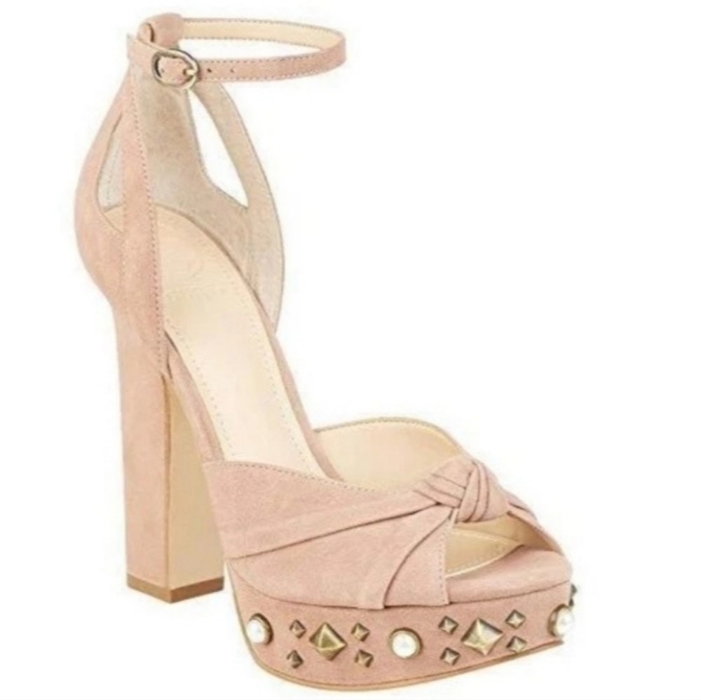 Guess Kenzie2 Suede Studded Platform peep toe Heels light pink suede 8.5